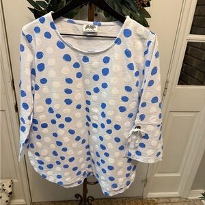 NWOT Wild Palms Bubbles Funky Novelty Print Polka Dot Blue & White Top L